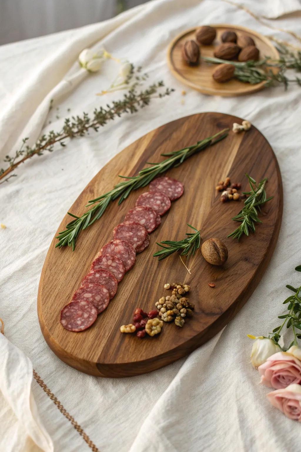 Salami rose garland across warm walnut—simple, festive dimension with herbs and nuts.
