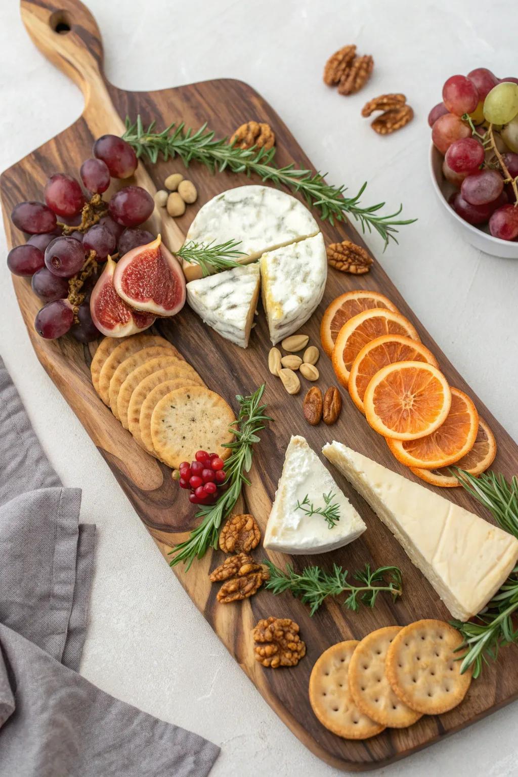 Cheese anchors on a handcrafted wooden board, surrounded by festive snack clusters for Christmas.
