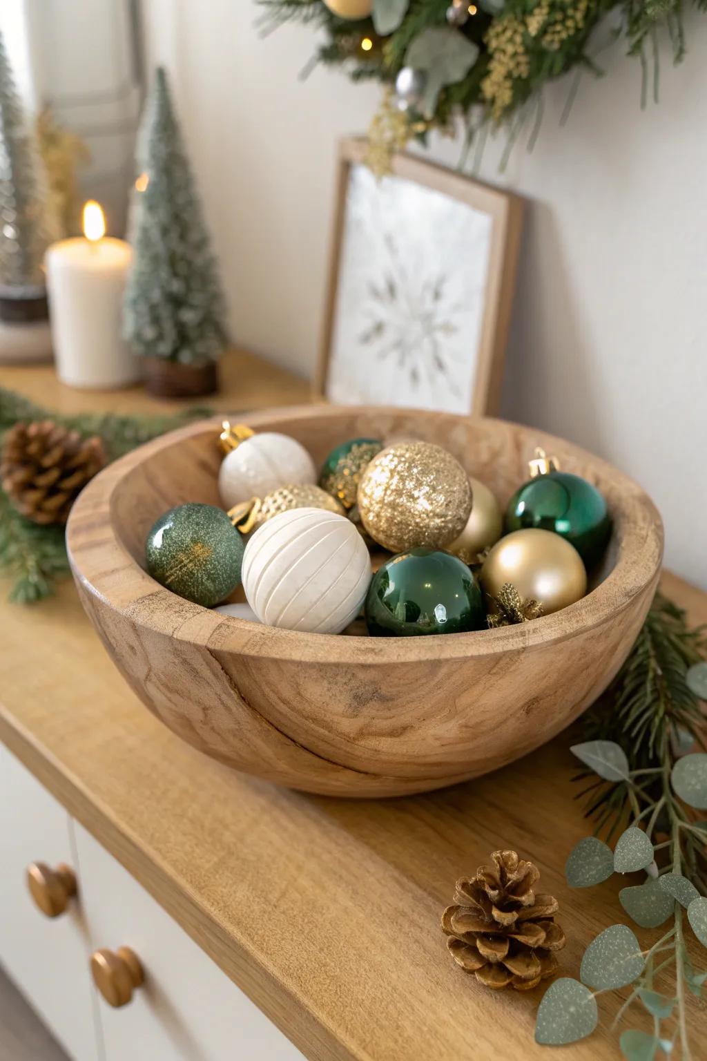 Rustic wooden bowl with mixed-finish ornaments—simple, cozy Christmas shelf styling.