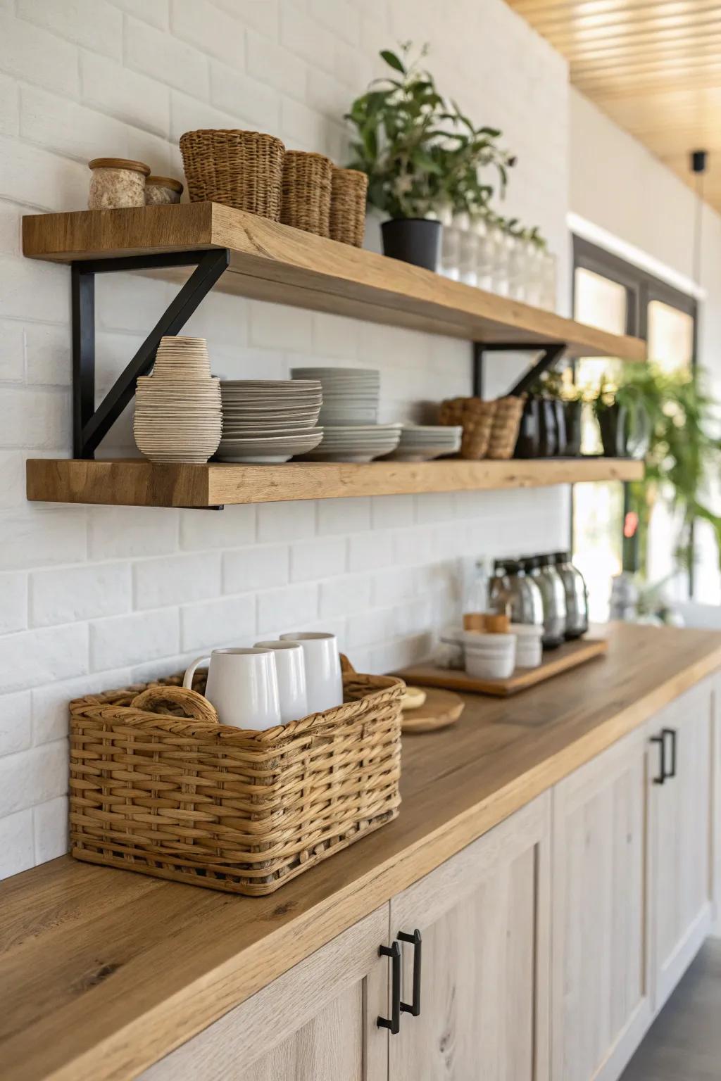 Thick floating shelves keep coffee supplies grab‑and‑go while adding warm, handcrafted style.