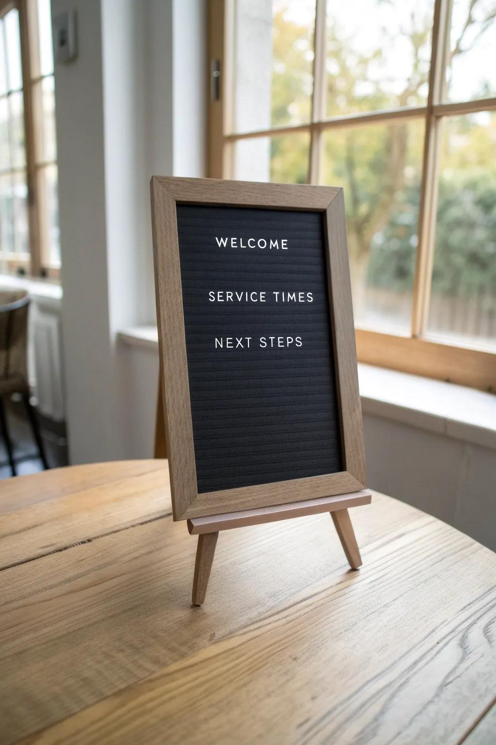 Hand-lettered chalkboard welcome sign—simple, warm, and crafted to guide first-time visitors.