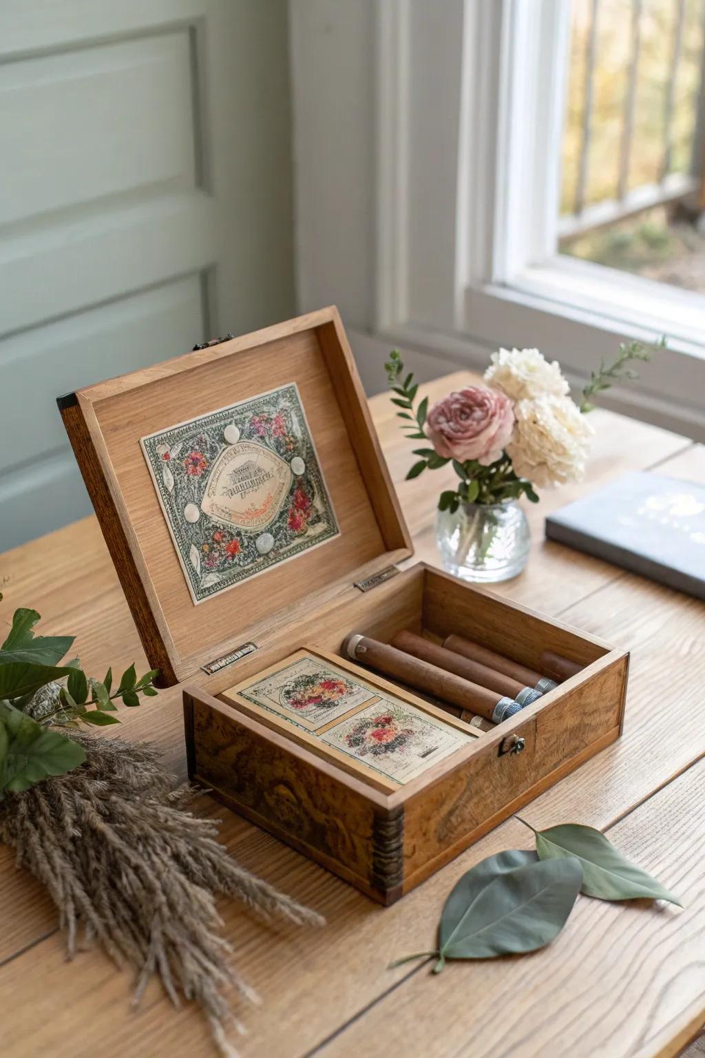Open-lid vintage cigar box centerpiece with a delicate mini bouquet—simple, cozy, and chic.