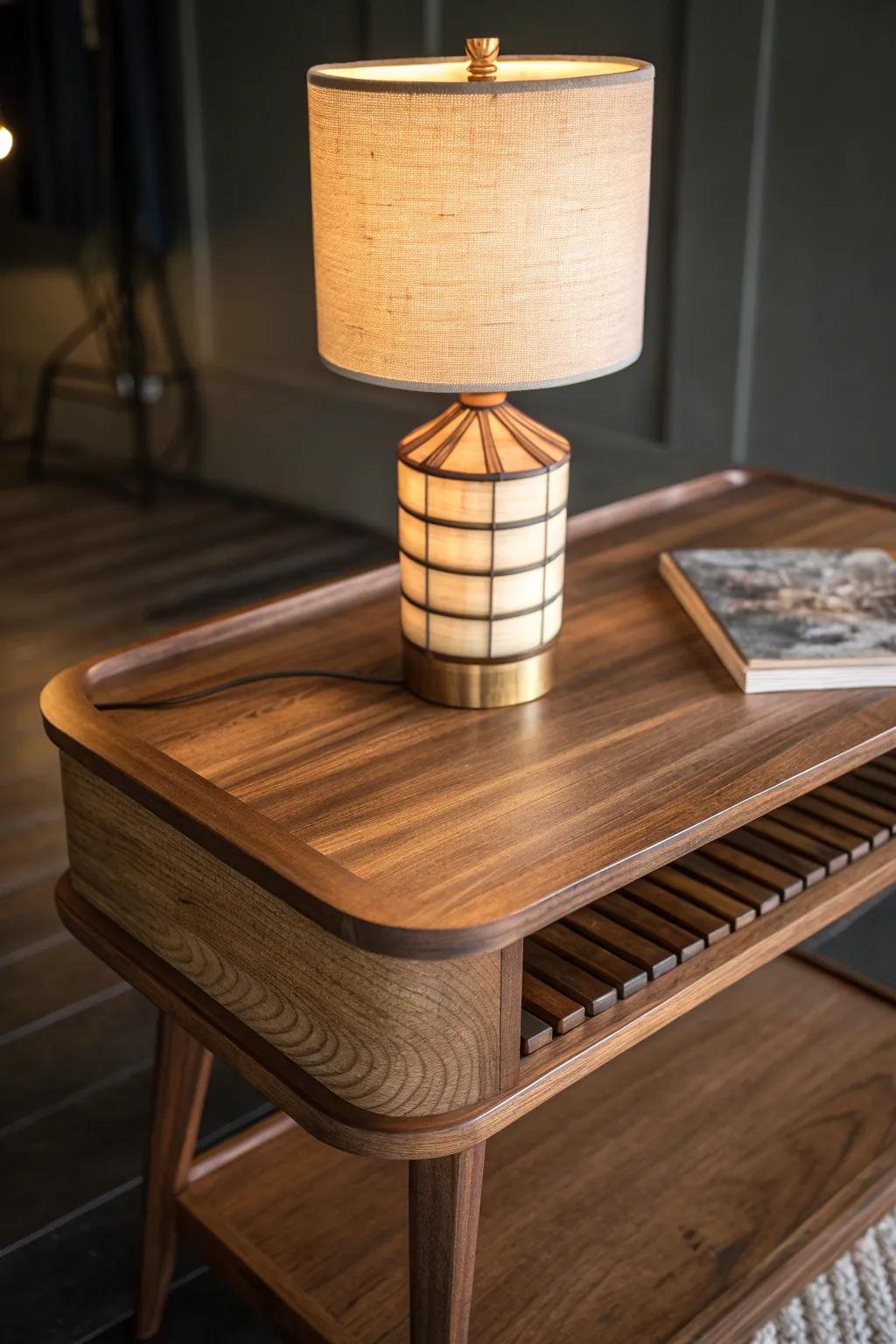 Layered warm light makes walnut craftsmanship glow—perfect mood lighting for a cigar corner.