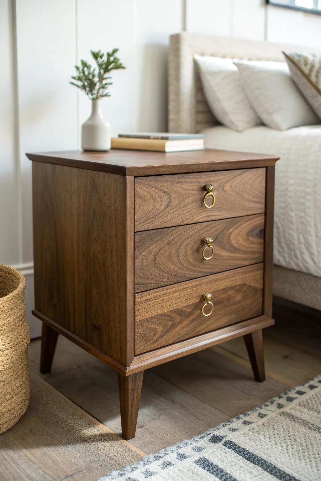 Warm wood nightstand + antique pulls: the simplest way to unify classic bedroom case goods.