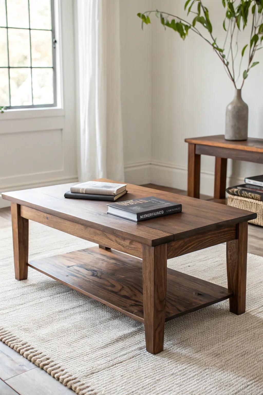A dark walnut coffee table with breadboard ends—grounded, timeless, and quietly luxurious.