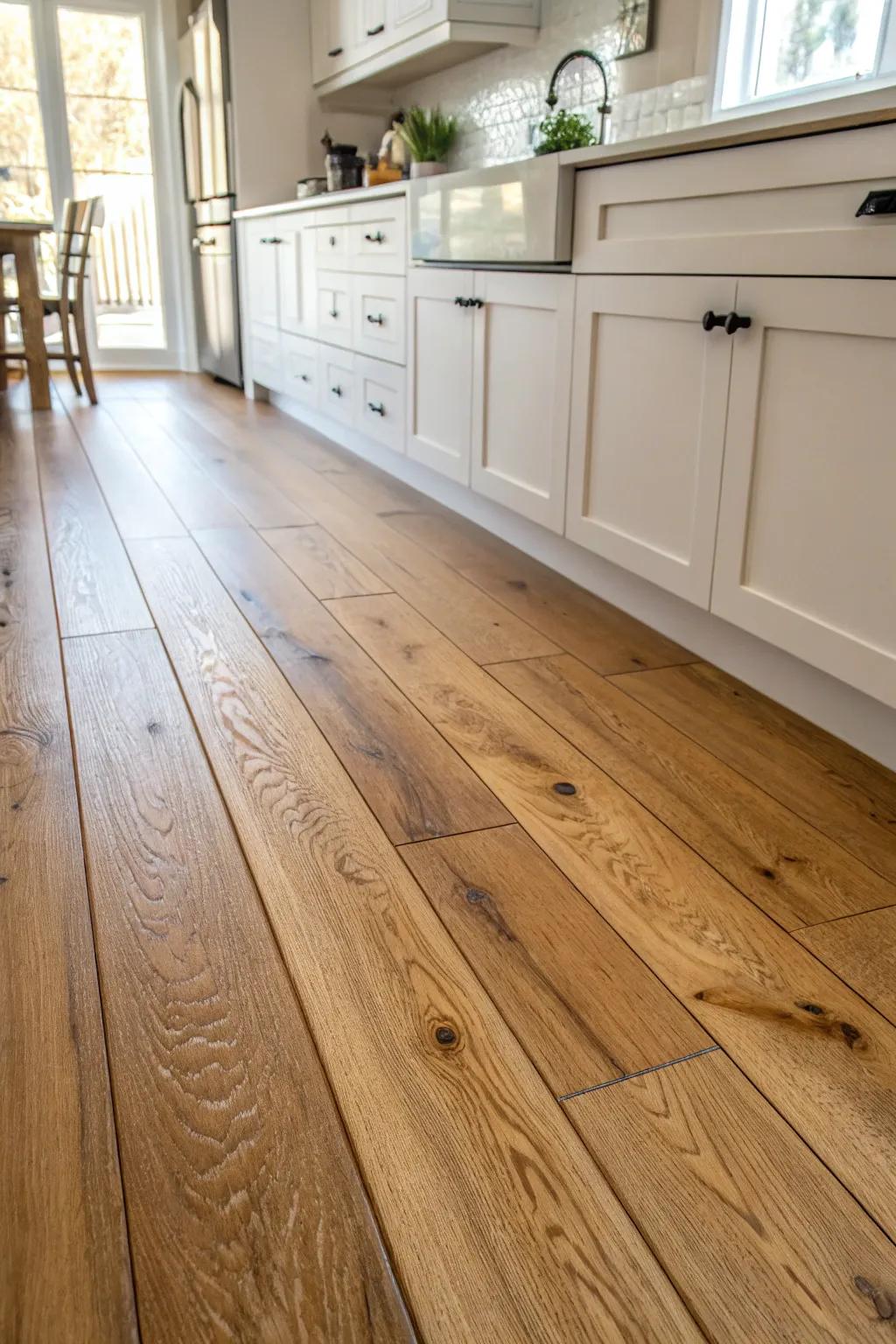 Warm, medium-toned hardwood flooring adds cozy depth and classic charm beneath light kitchen cabinetry.