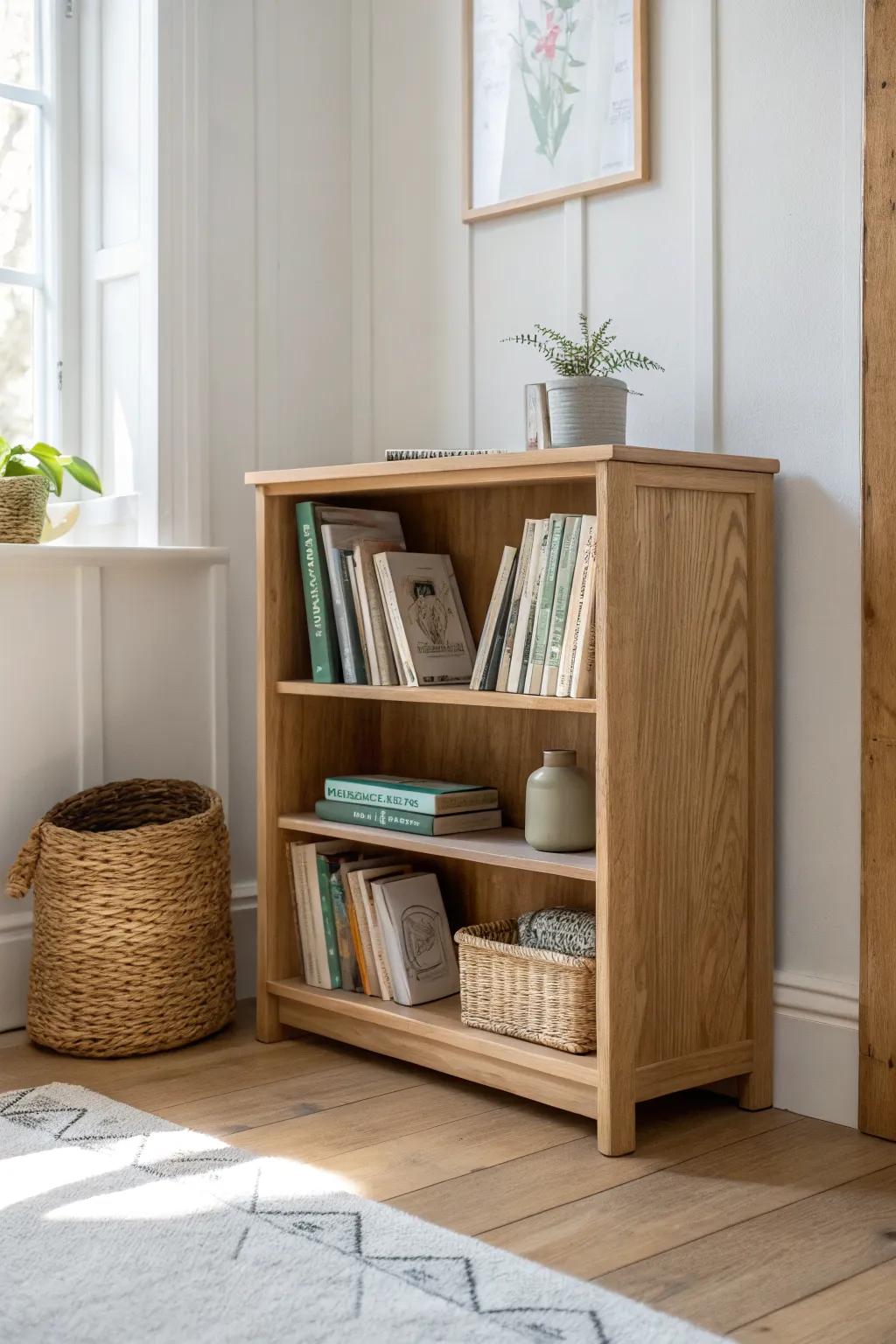 An L-shaped low shelf creates a calm classroom library zone—books stay tidy, bags stay out.