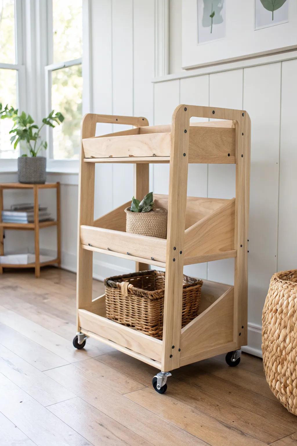 A rolling wooden shelf cart with locking casters—bring learning centers to kids, then tuck away.