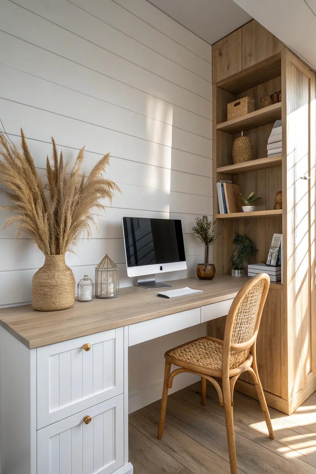 Shiplap or beadboard instantly makes a closet desk feel built-in, bright, and beautifully finished.