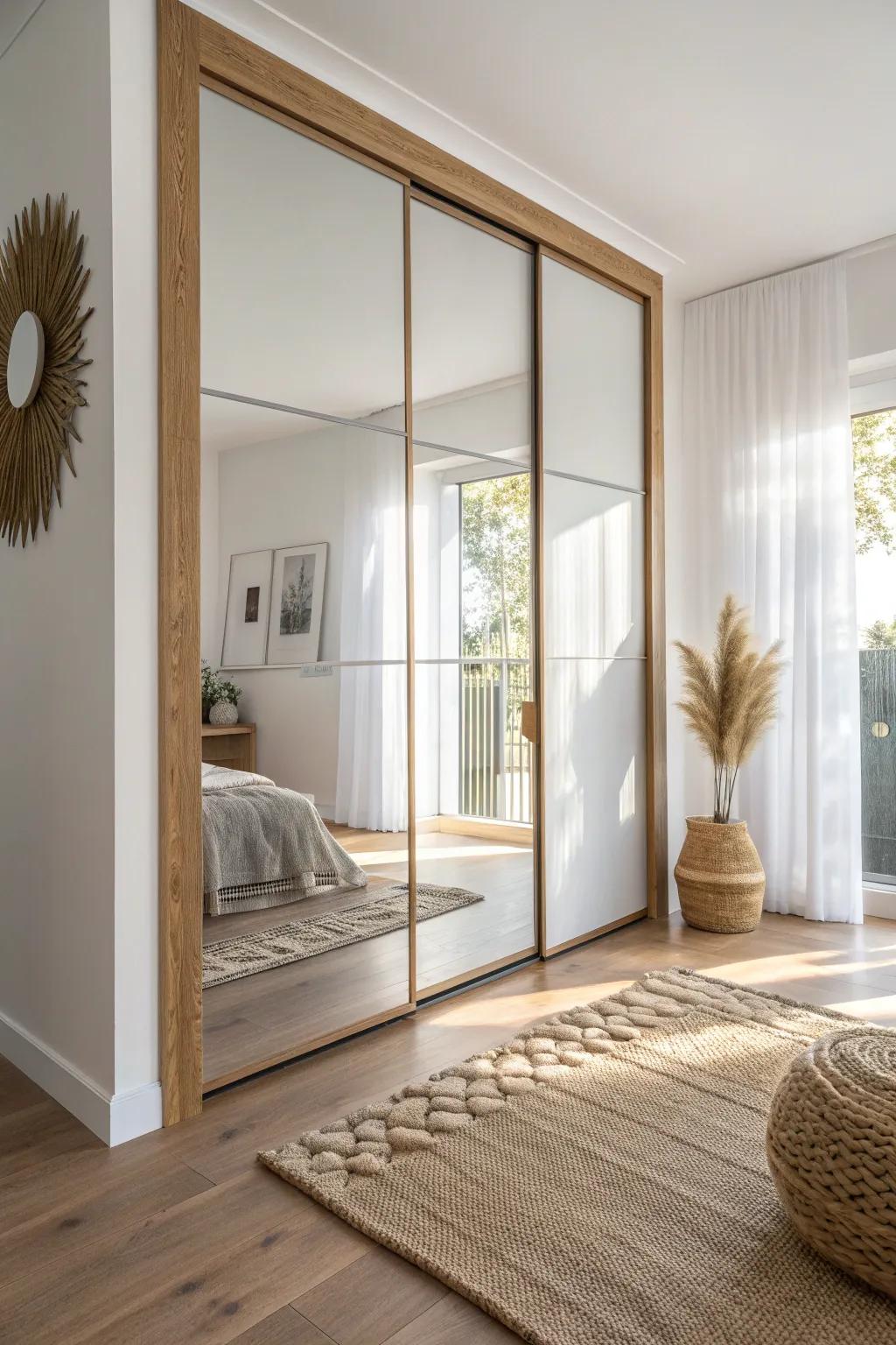 Swap in a mirrored closet door to brighten the room and visually double the space.