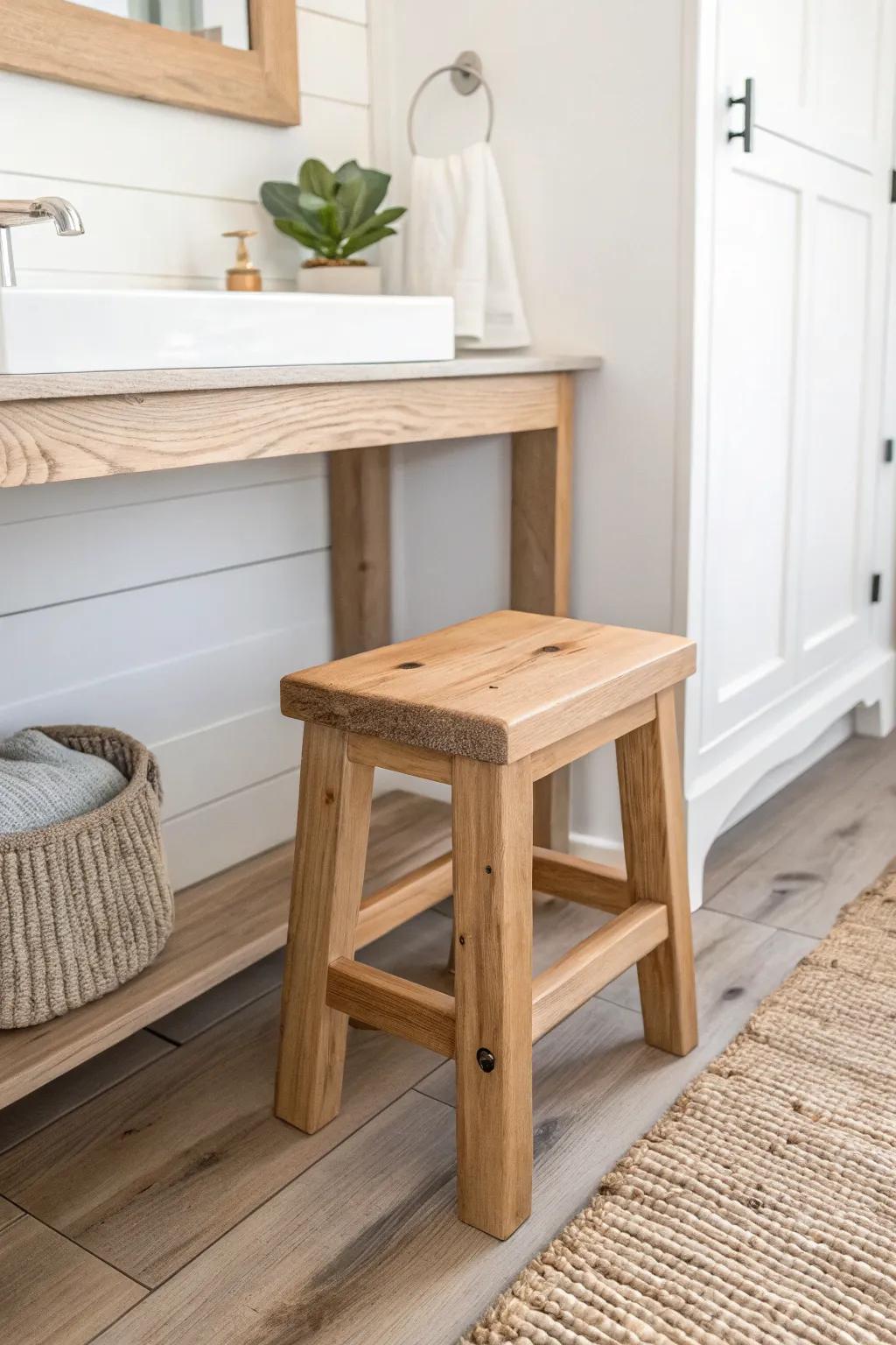 Backless wooden vanity stool that tucks away—smart closet seating for small, serene spaces.