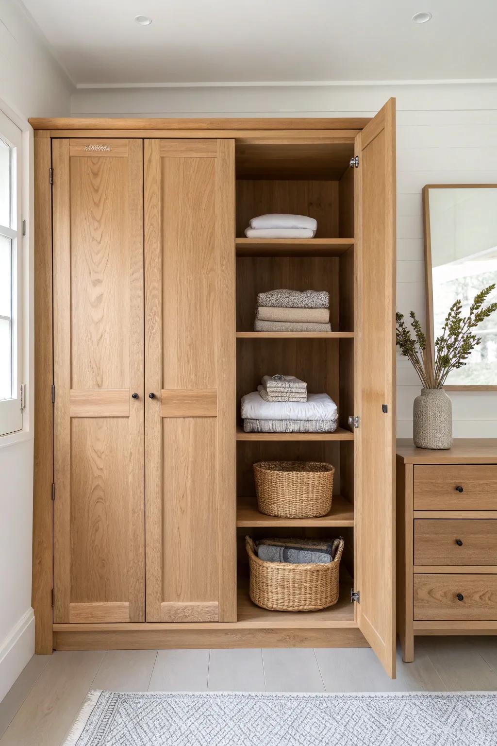 Remove closet doors for airy open oak shelving that turns tidy storage into a feature wall.