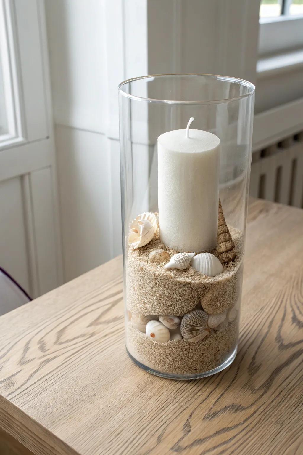Shell-filled glass vase + candlelight: the simplest coastal centerpiece for a calm, airy table.