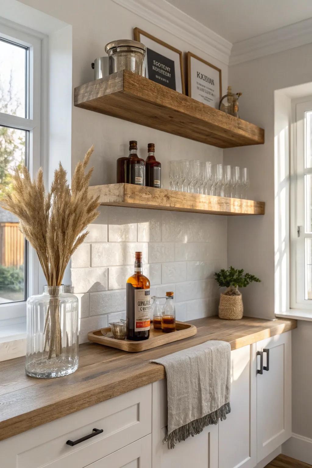 Airy reclaimed-wood open shelves for a coffee + liquor bar wall—minimal, warm, and functional.