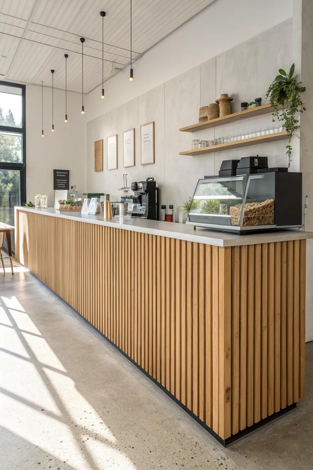 Warm oak slat counter front—simple vertical texture that turns the register into a focal point.