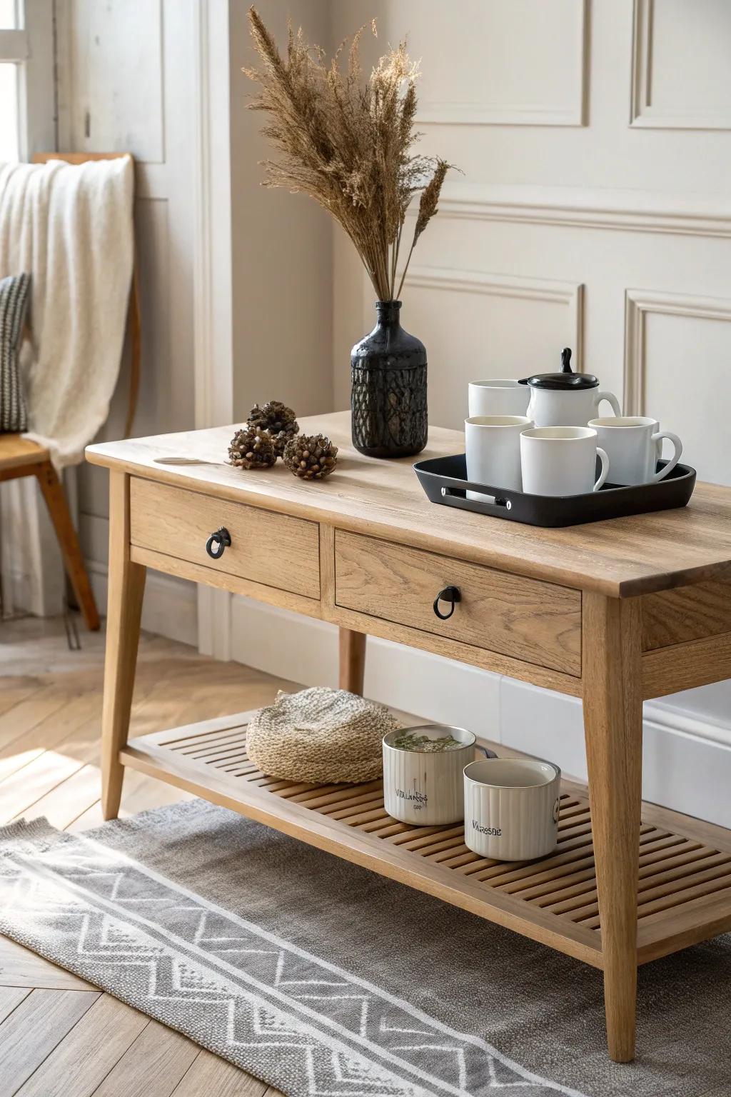 Coffee station table with built-in mug hooks—beautiful, space-saving, and made for heavy stoneware.
