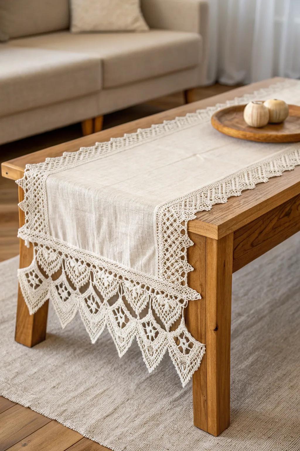 Ivory lace over a simple linen runner adds vintage charm without feeling too fussy.