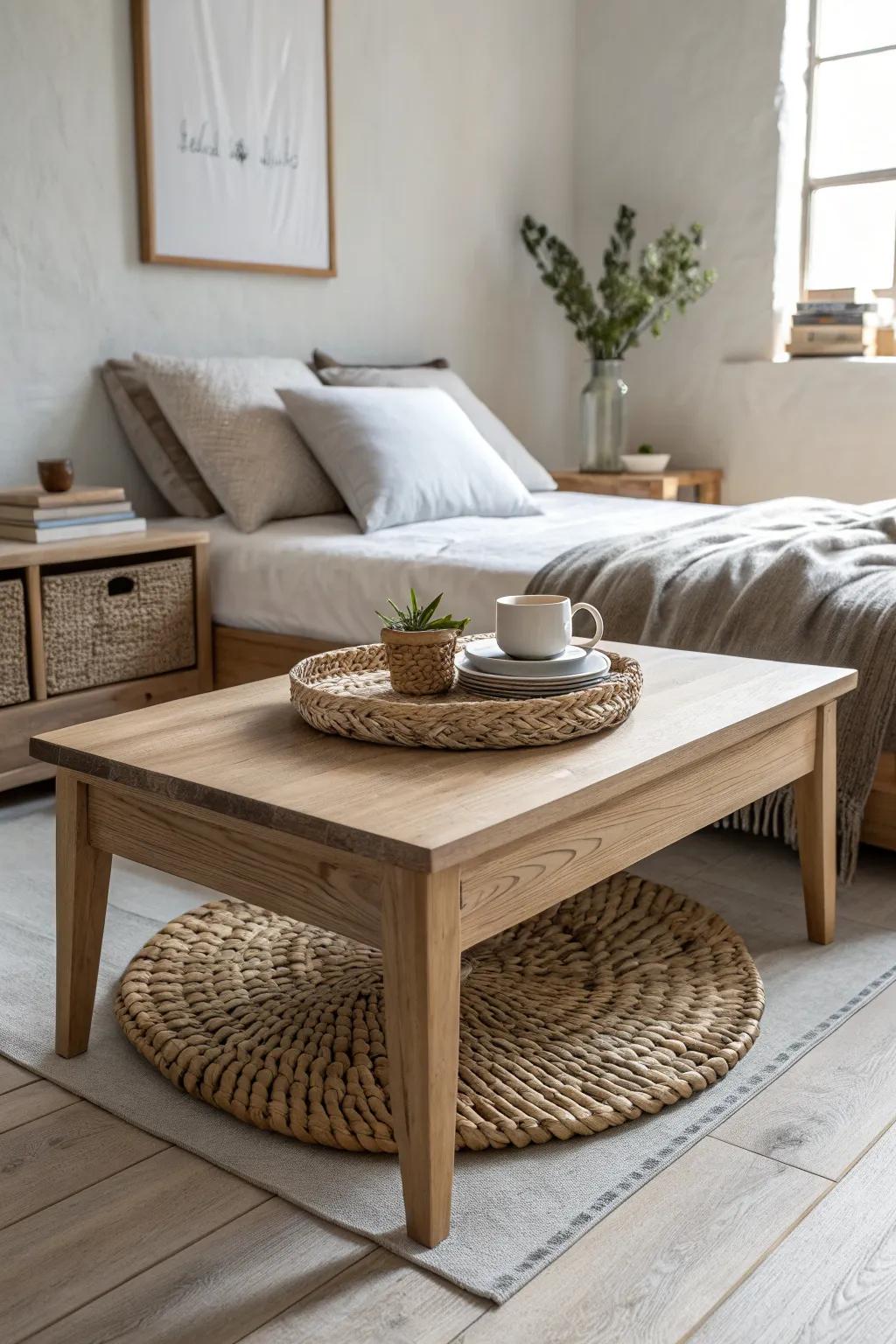 A single oak coffee table pairs with simple nightstands for an airy, cozy bedroom setup.