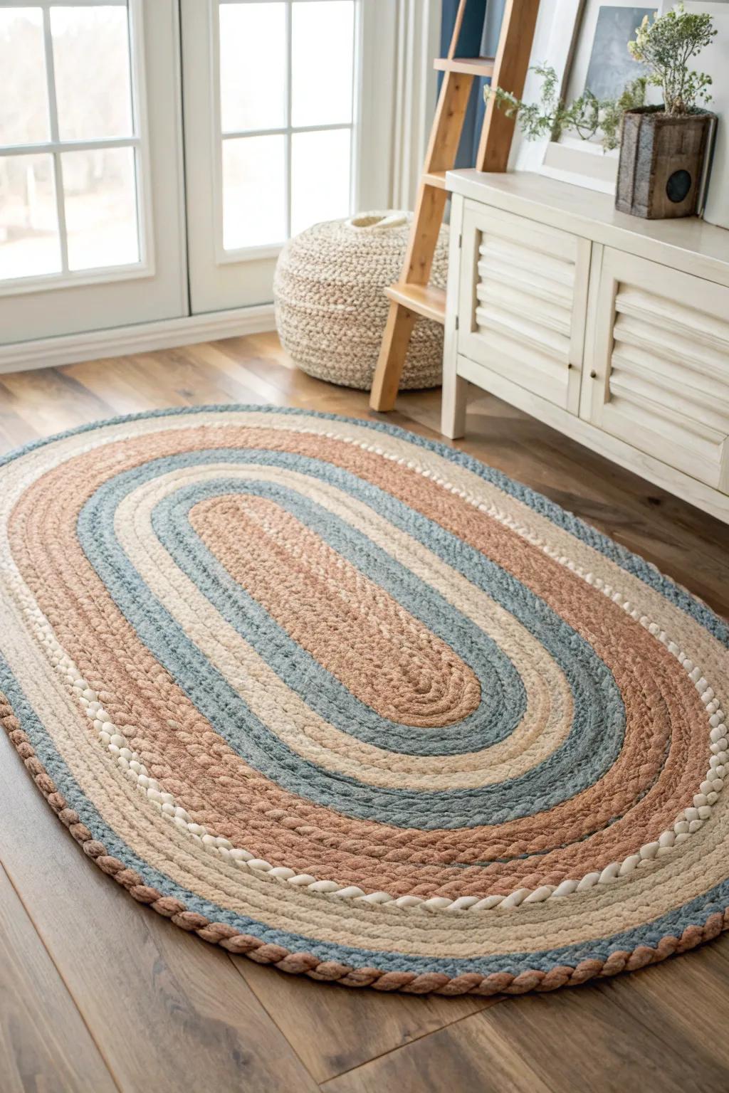 Braided rug warmth: colonial charm that softens wood and keeps chairs grounded.