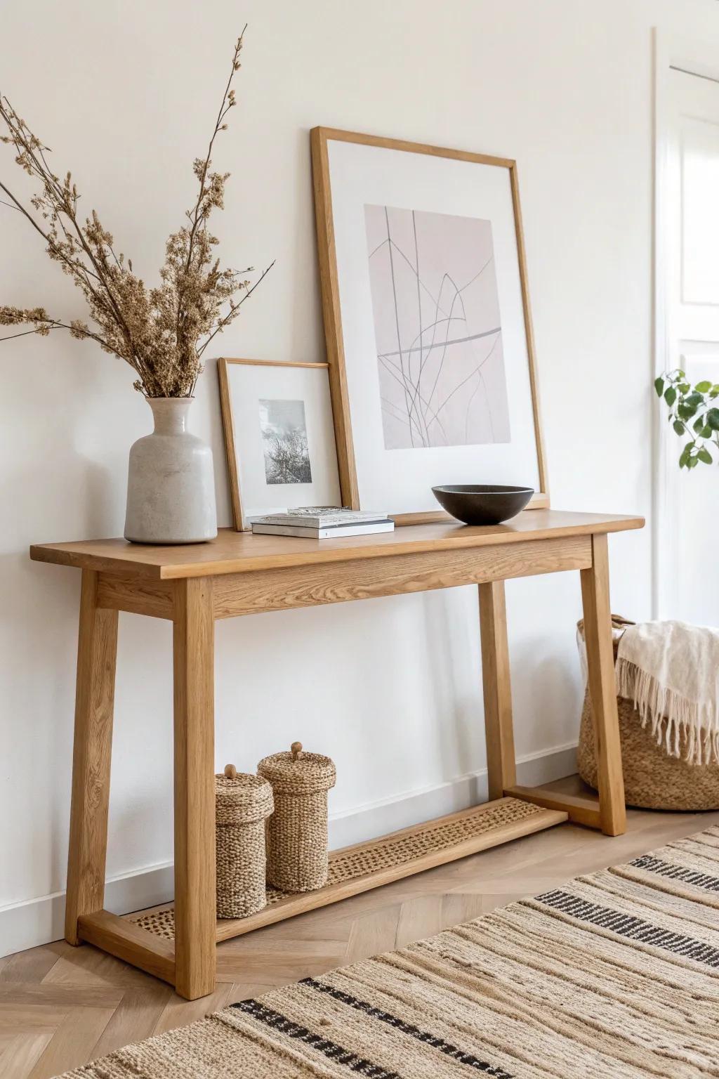 Lean a large framed print on your console for instant layers—easy to swap, always polished.