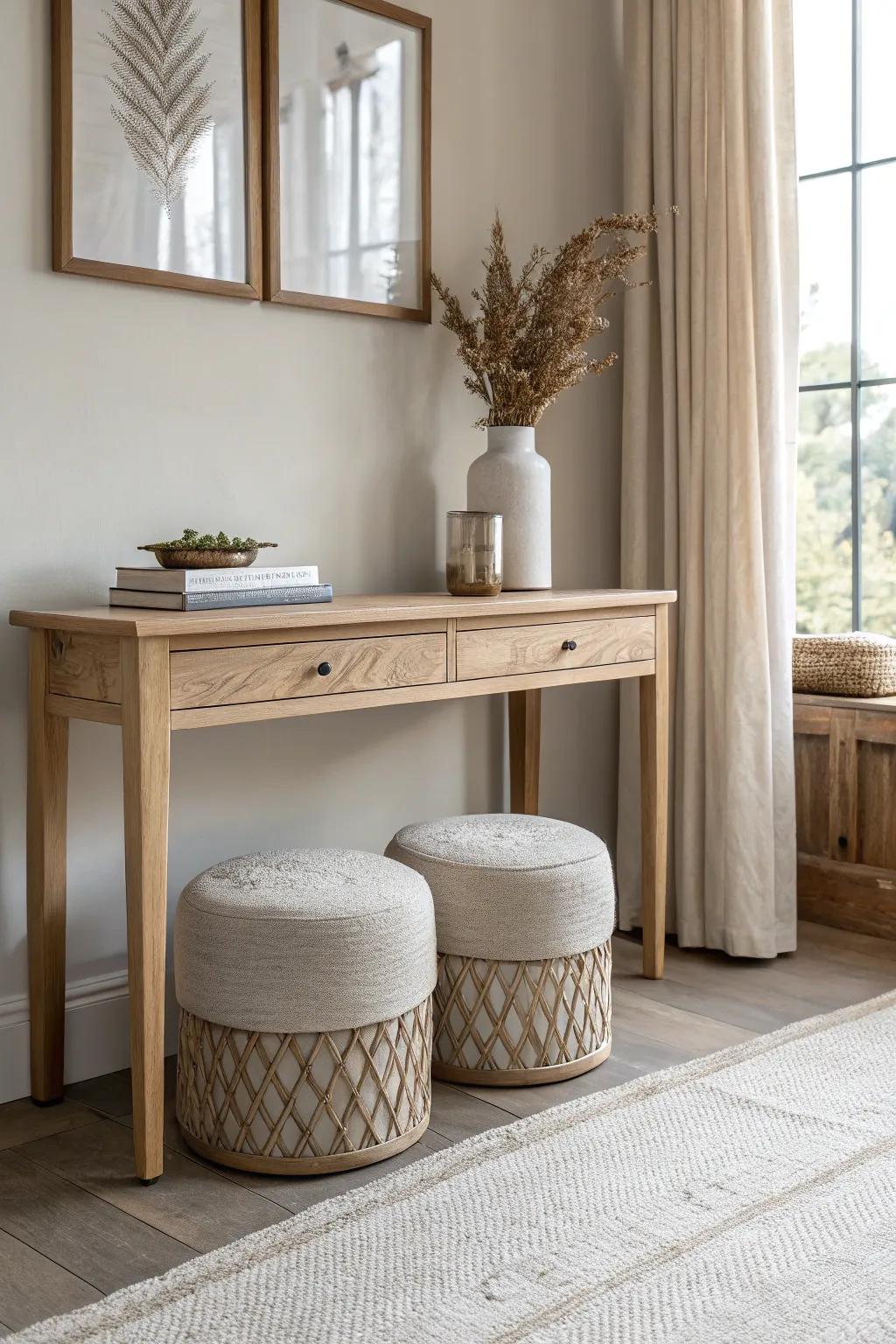 Tuck two petite ottomans under a console table for effortless seating in a serene bedroom.