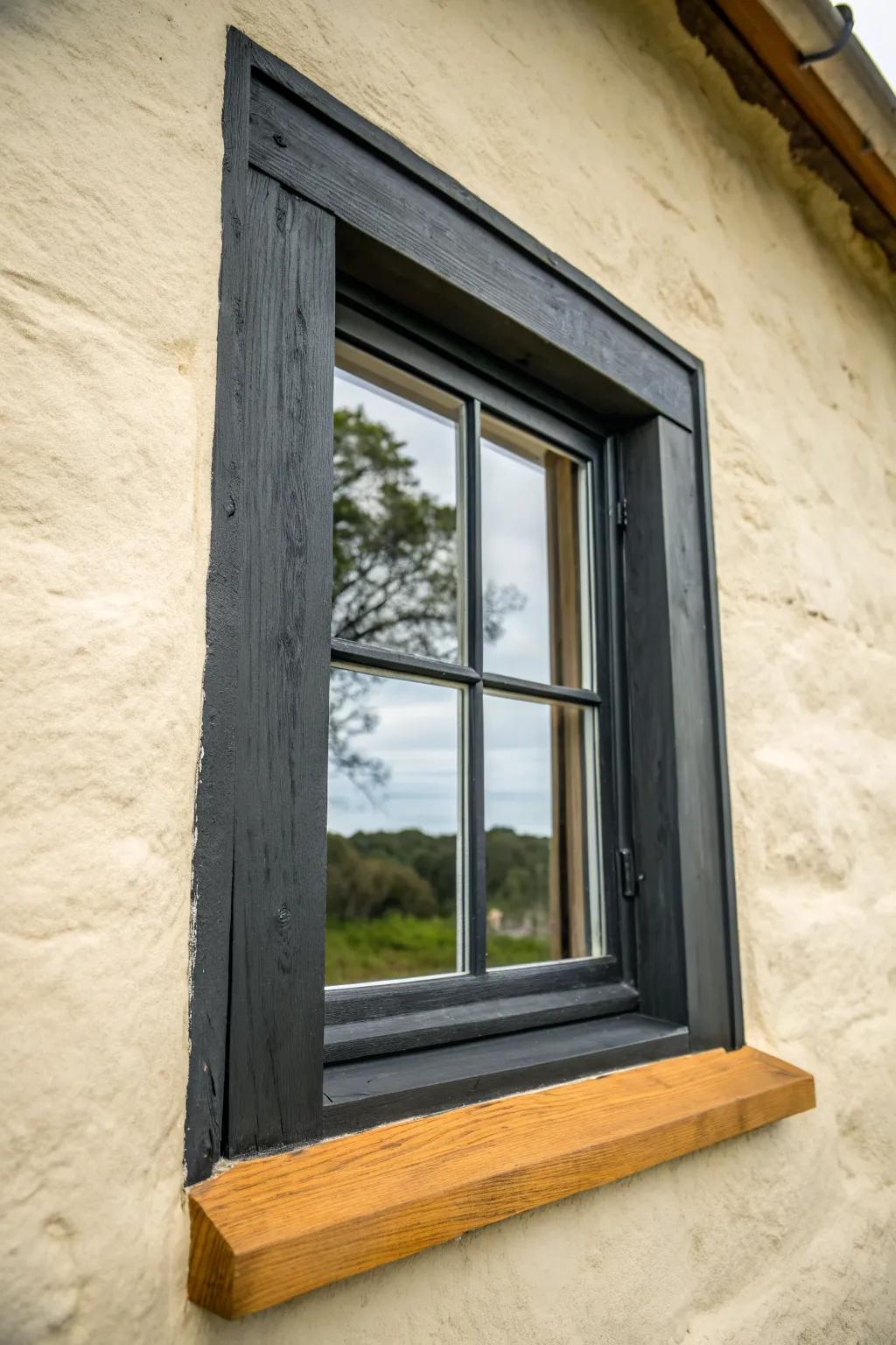 Charcoal-painted window sash on a soft white wall—an instant picture frame for the view.