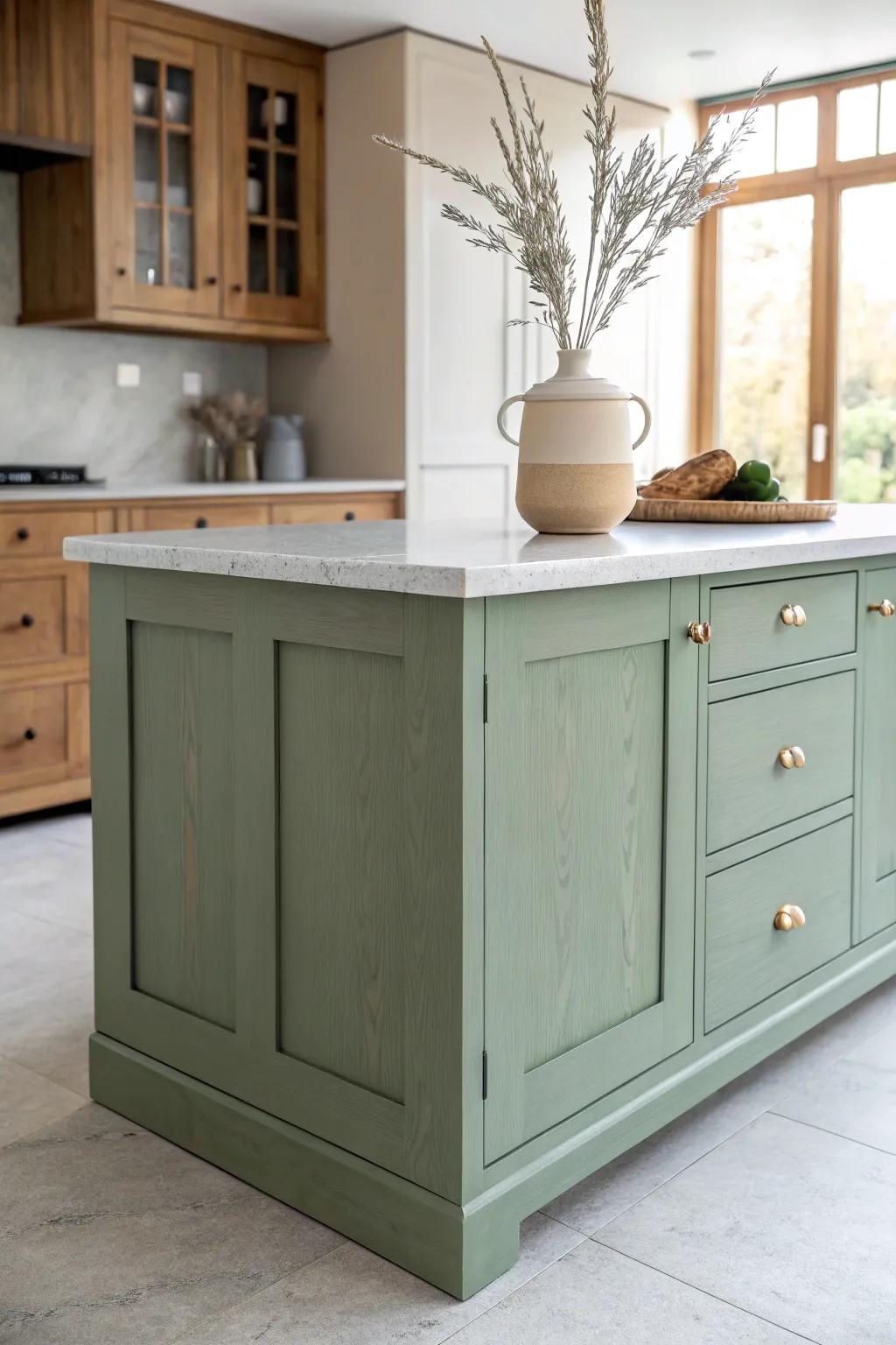 A sage-painted island paired with warm oak perimeter cabinets for a collected, custom look.