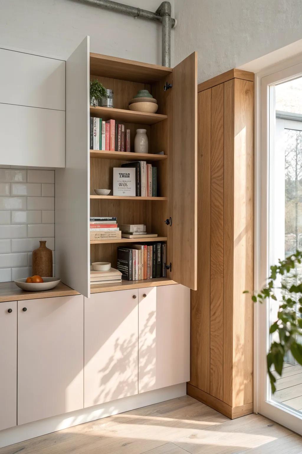 Turn an upper cabinet into a cozy cookbook nook—two shelves and a bold painted back panel.