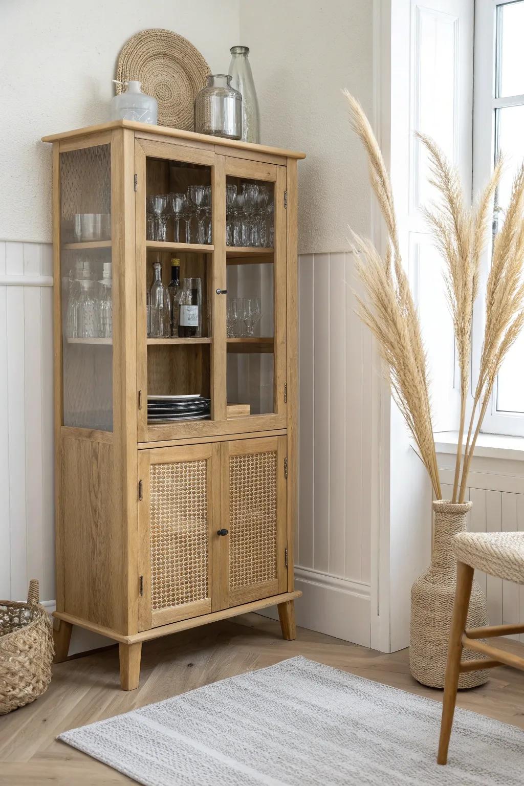 Mirror-back corner bar cabinet that brightens the nook and makes glassware sparkle.