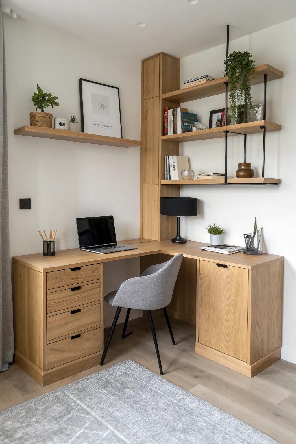 Built-in corner desk with side cubbies and floating shelves—clean, cozy storage for any room.