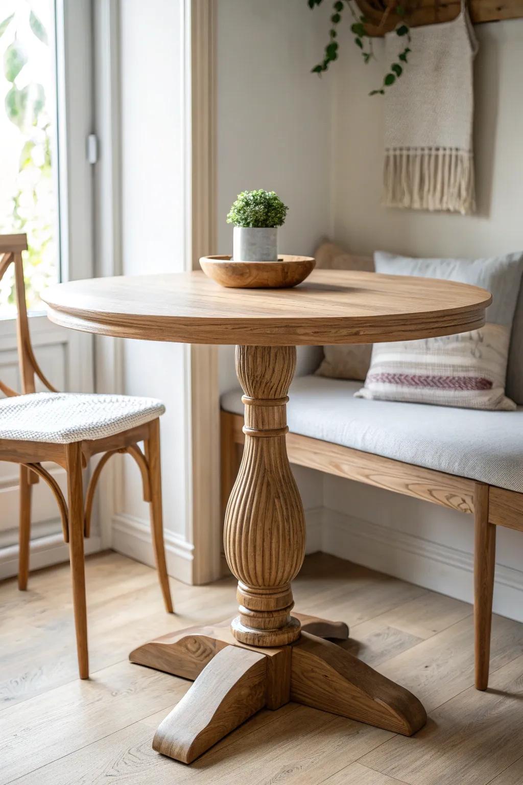 A single pedestal base in a corner nook keeps the space airy—and your knees free.