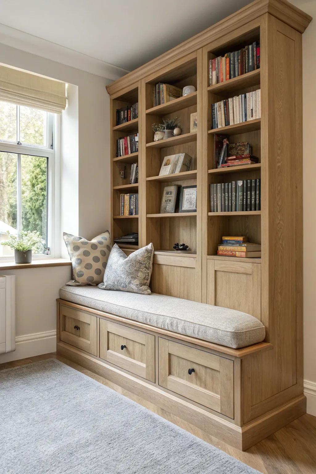 Cozy corner library bench with hidden storage—clean lines, warm wood, endless reading charm.