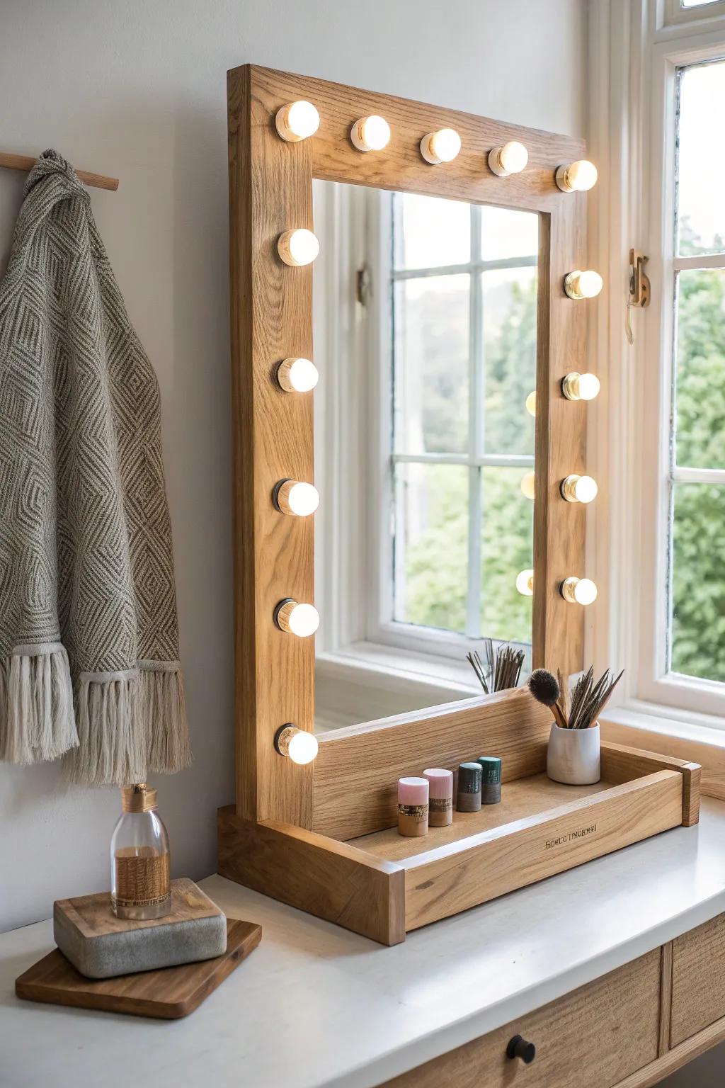 A corner bulb mirror frame that eliminates shadows—warm light, clean lines, oak craft.
