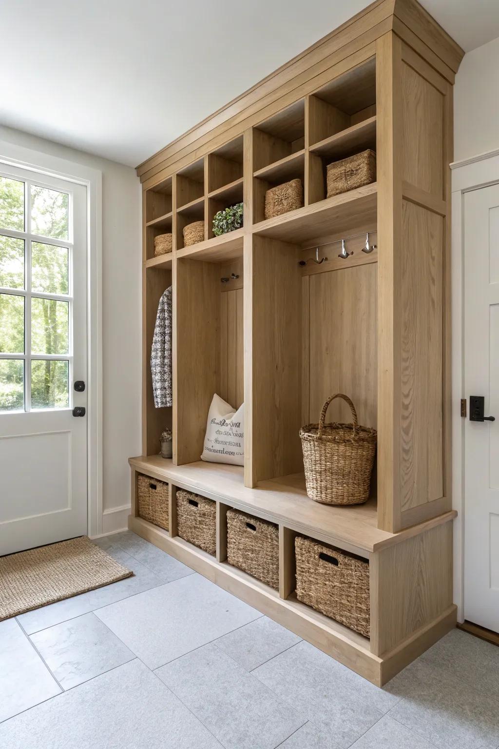 Upper corner cubbies to the ceiling: airy oak storage that hides seasonal extras beautifully.