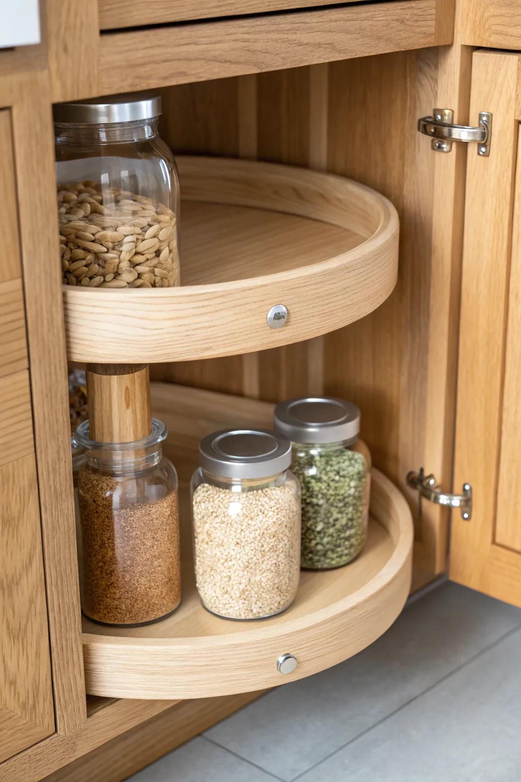 Spin-to-reach corner pantry bliss: a double-tier wooden turntable that makes storage effortless.