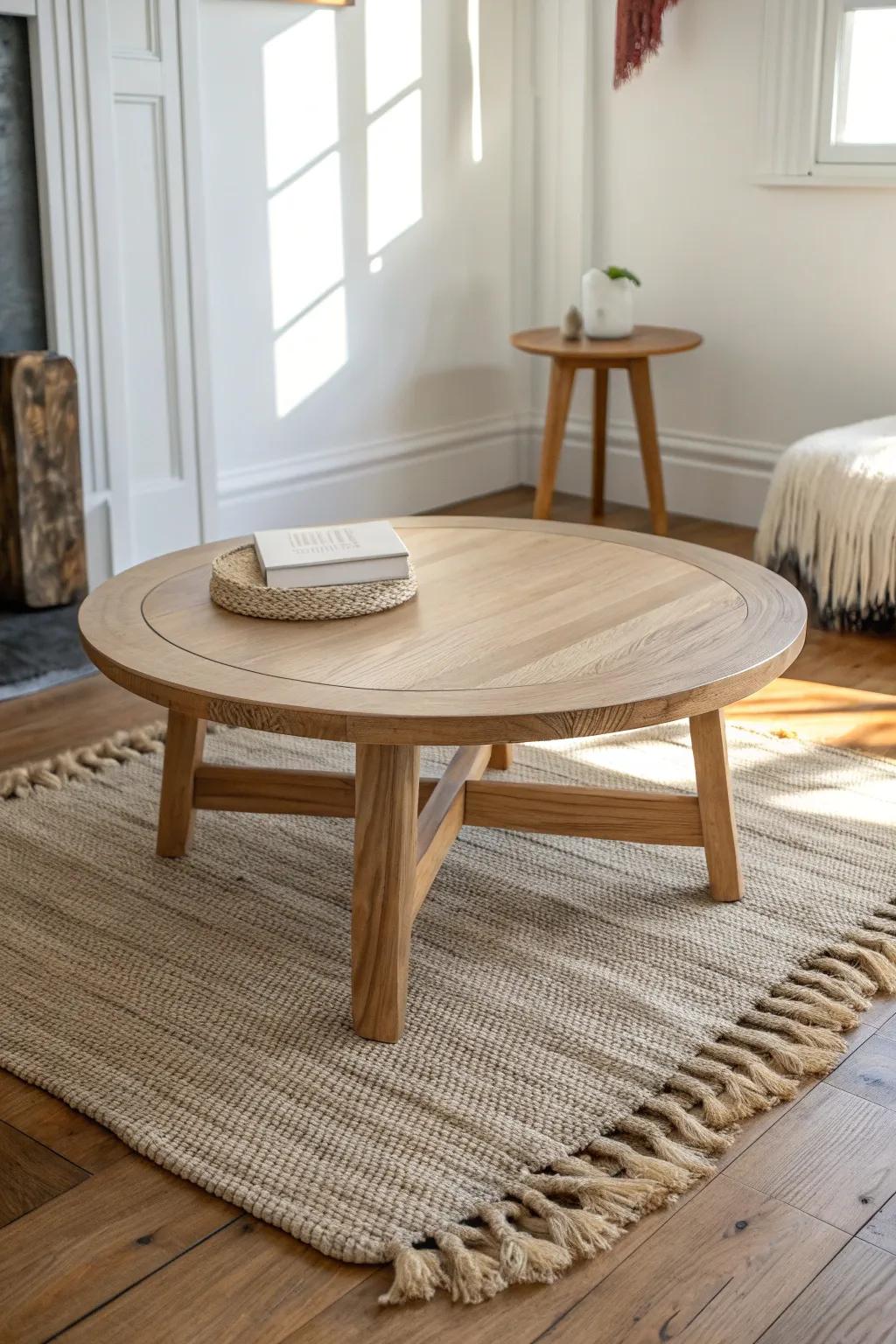 A small rug frames the corner—paired with a refinished oak coffee table for cozy warmth.