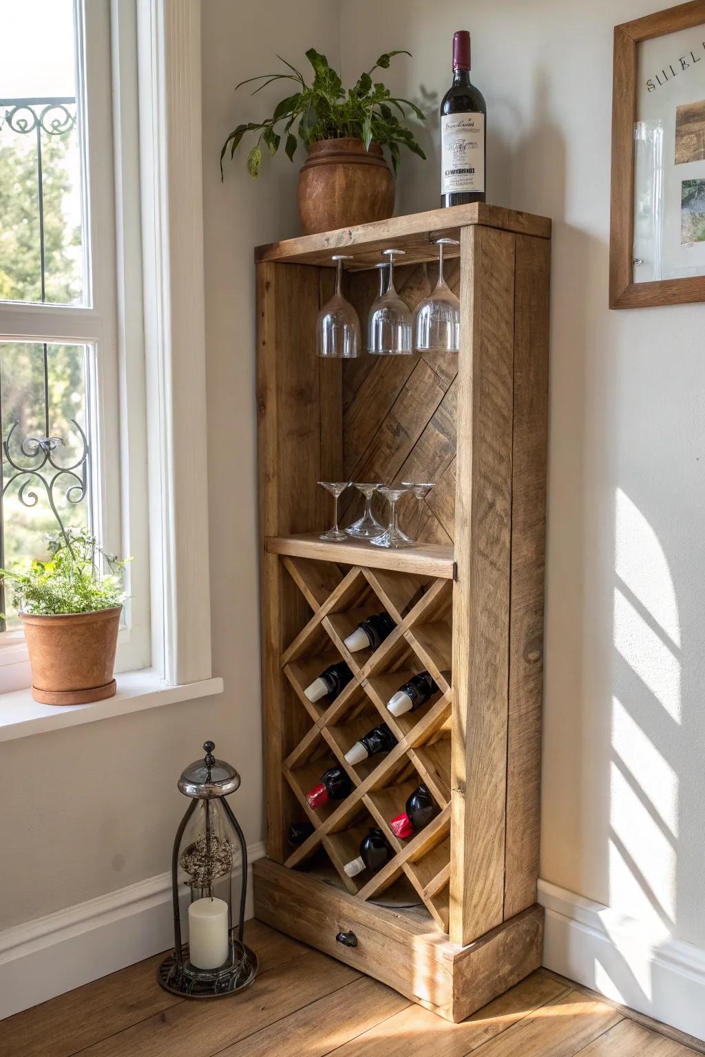 A reclaimed pine corner rack with hanging stemware—minimal, warm, and perfectly styled.
