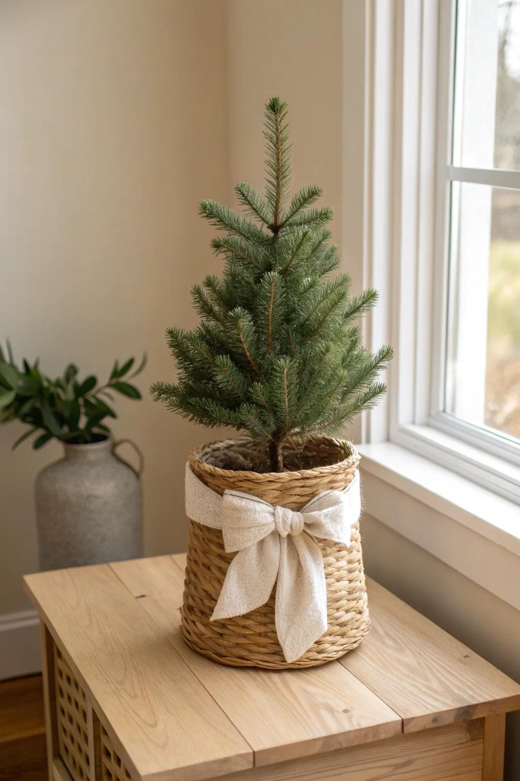 Mini Christmas tree in a woven basket with a linen bow—simple cottage charm, beautifully minimal.