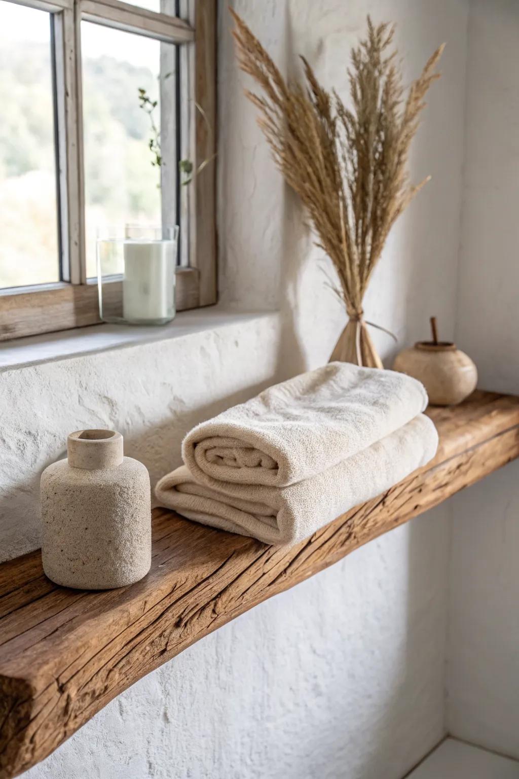 Chunky floating wood shelf with cozy linen and pottery—simple cottagecore bathroom charm.