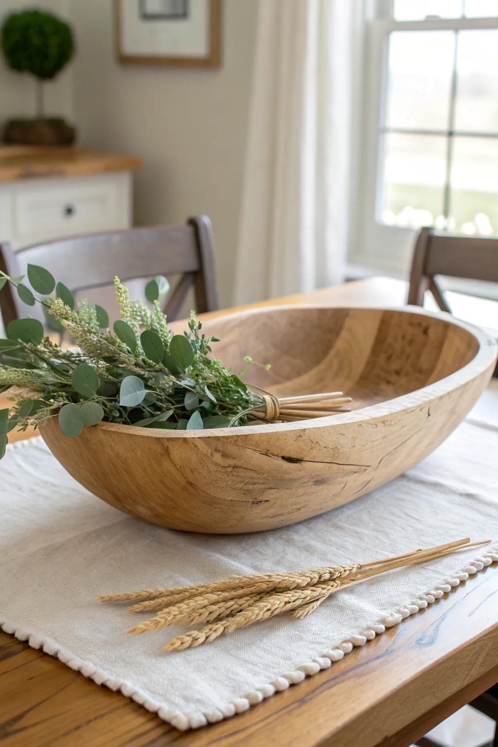 A timeless wood dough bowl centerpiece—swap greenery, dried stems, or candles year-round.