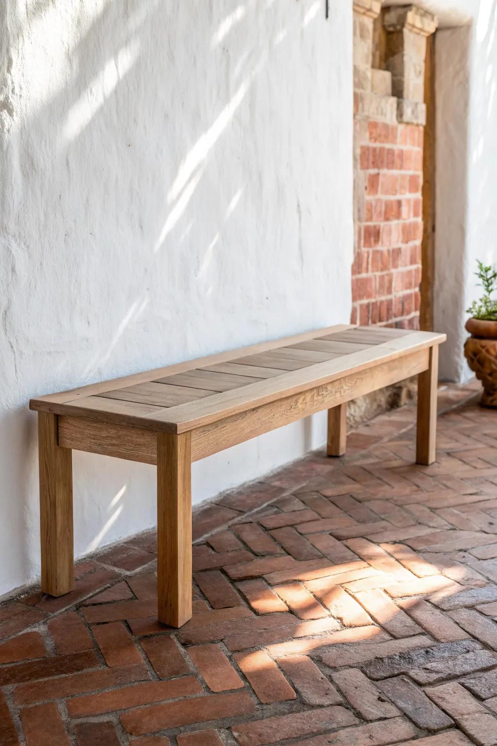 Warm brick pavers + a simple oak bench make the entry feel tidy, tough, and cottage-charming.