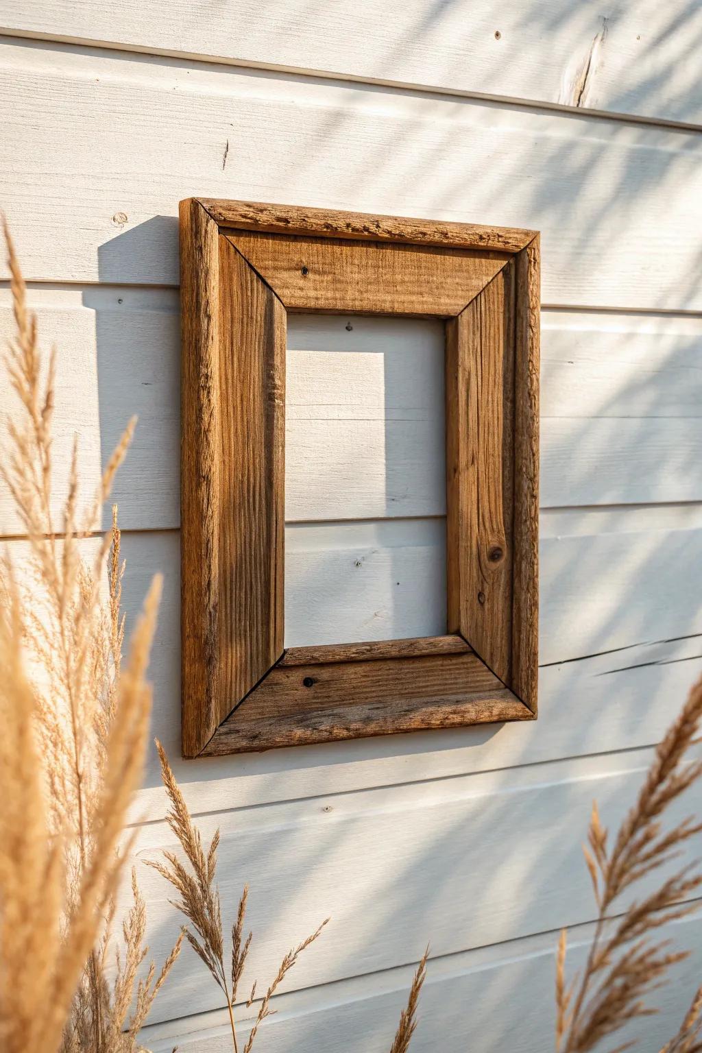 Thrifted vintage wood frame on a white cottage wall—perfect for a cozy, mismatched gallery wall.