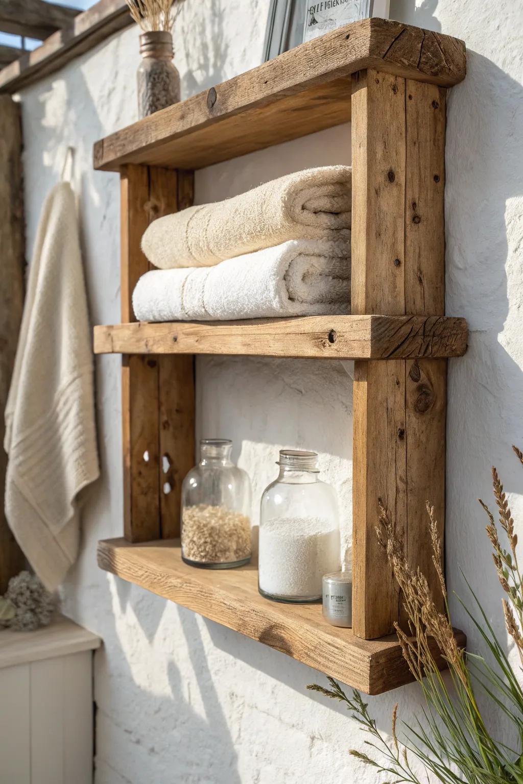 Reclaimed wood shelf + pretty practicality: towels, apothecary jars, and a stem vase.