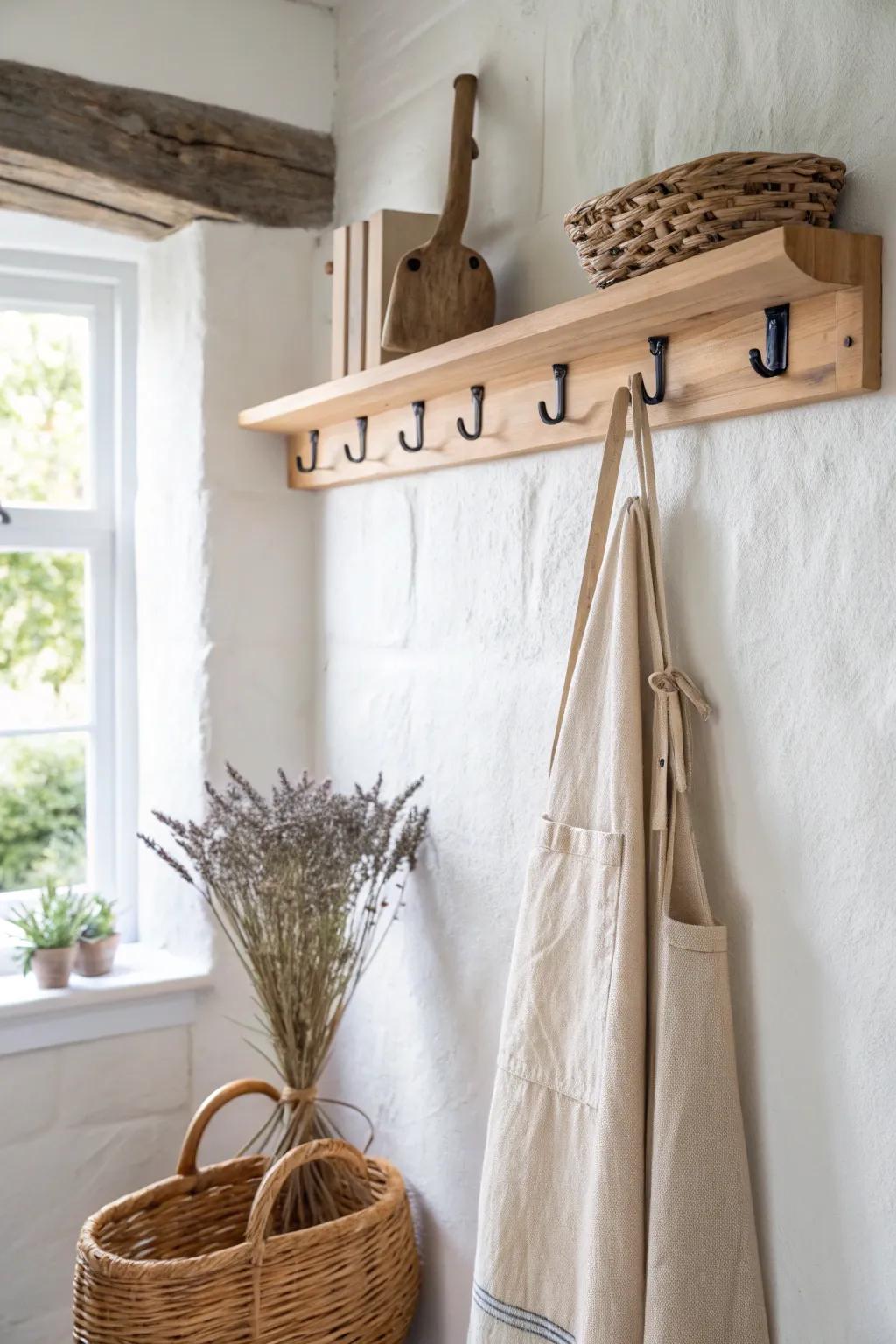 A simple oak peg rail adds cottage charm—perfect for aprons, baskets, and dried blooms.