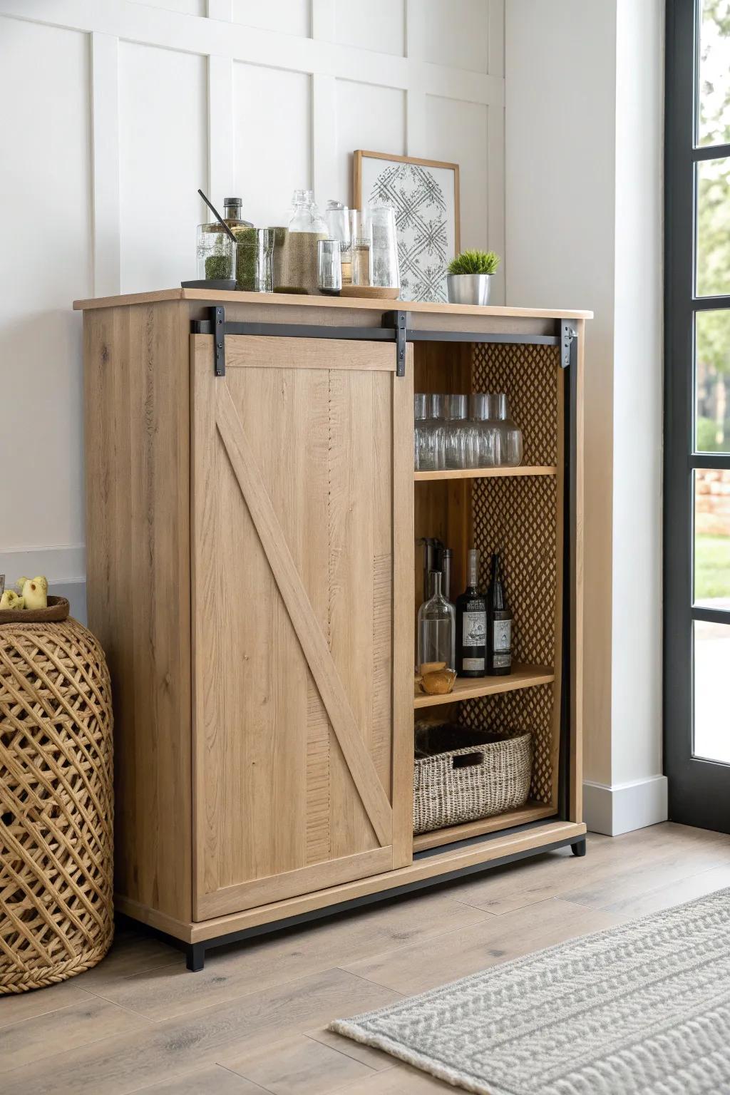 A sliding barn-door bar cabinet in light oak—tidy, rustic, and beautifully minimal.