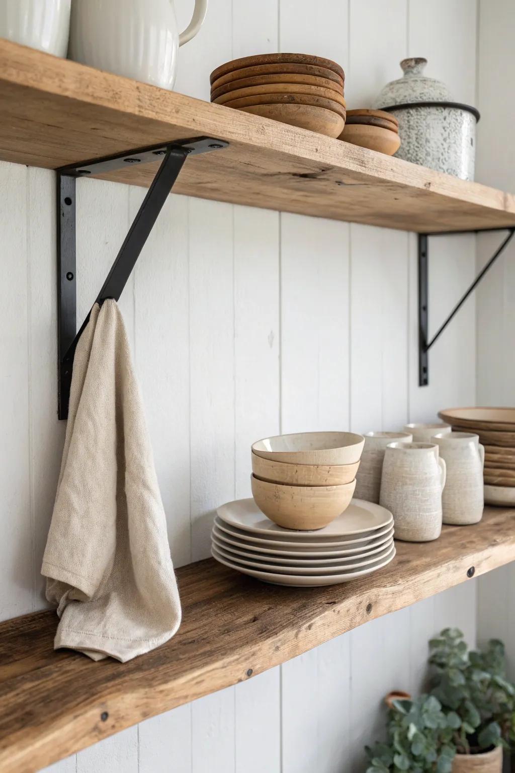 A single oak shelf styled with everyday stoneware—simple, warm cottage charm in the kitchen.