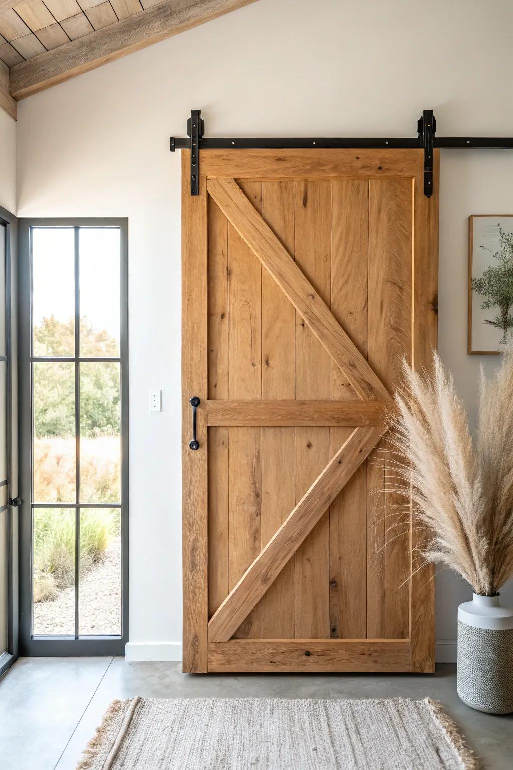 A handcrafted sliding barn door with bold iron hardware—instant country man cave entry.