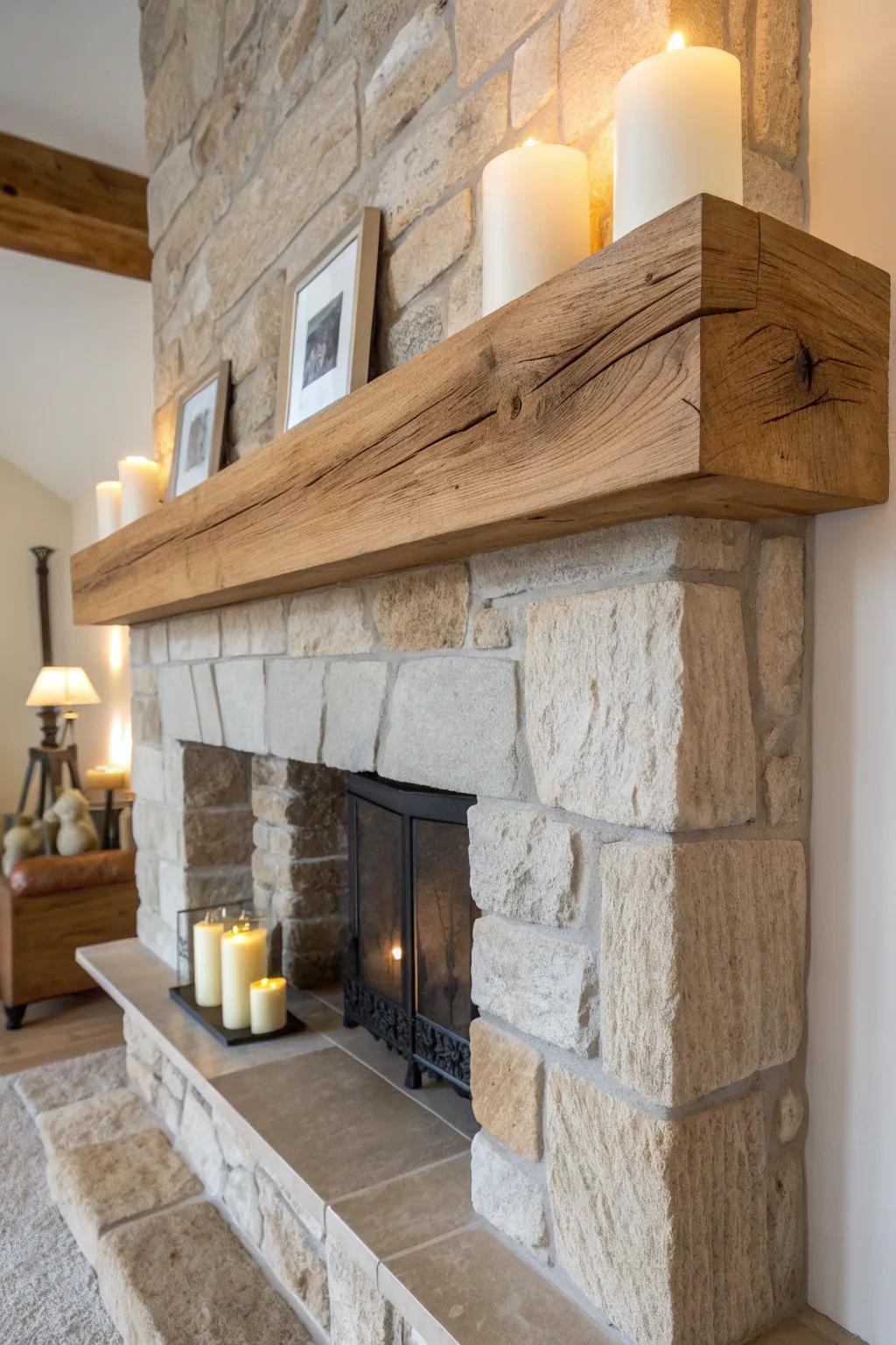 Chunky oak mantel on a stone hearth—simple, cozy country charm with Scandinavian calm.