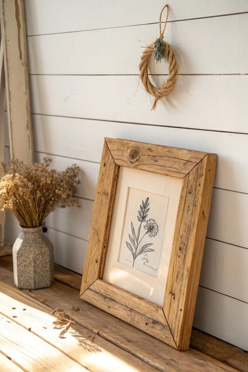 Chunky reclaimed-wood frame + simple sketch and mini wreath for a calm rustic gallery vibe.
