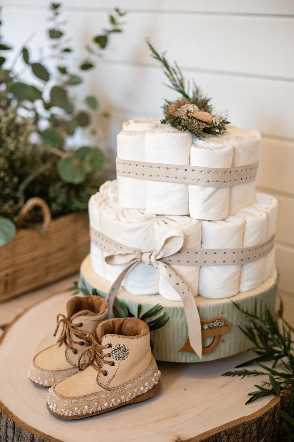 Saddle up for sweetness: Tiny boots for your little cowboy's diaper cake adventure.